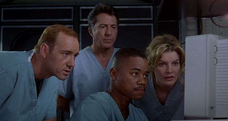 Outbreak 1995 Movie Scene Dustin Hoffman as Sam, Rene Russo as Robby, Kevin Spacey as Casey and Cuba Gooding Jr. as Major Salt all looking at a computer monitor