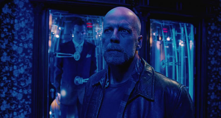 Surrogates 2009 Movie Scene Bruce Willis as Greer in a room full of androids
