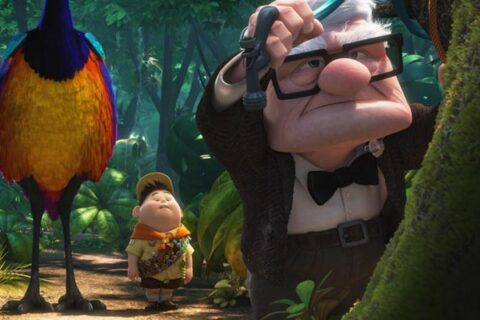Up 2009 Movie Scene Karl tying down his house with Russel standing behind him with a giant exotic bird