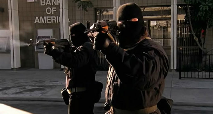 44 Minutes The North Hollywood Shoot-Out 2003 Movie Two bank robbers starts shooting at the police outside of the bank holding an AR-15 style rifle Bushmaster XM-15 with a drum magazine scene