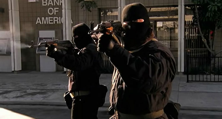 44 Minutes The North Hollywood Shoot-Out 2003 Movie Two bank robbers starts shooting at the police outside of the bank holding an AR-15 style rifle Bushmaster XM-15 with a drum magazine scene
