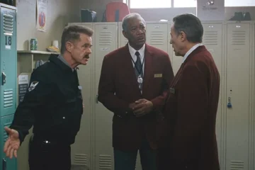 The Maiden Heist 2009 Movie Scene Christopher Walken as Roger, Morgan Freeman as Charles and William H. Macy as George arguing about the heist