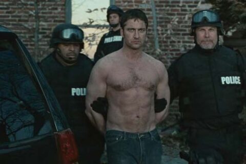 Law Abiding Citizen 2009 Movie Scene Gerard Butler as Clyde taken into custody shirtless showing off his muscles and abs