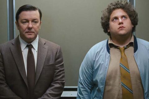 The Invention of Lying 2009 Movie Scene Ricky Gervais as Mark and Jonah Hill as Frank in an elevator