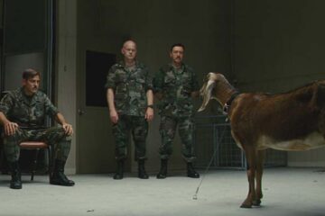 The Men Who Stare at Goats 2009 Movie Scene George Clooney as Lyn Cassady during a military experiment trying to kill a goat with his look loaded with psychic energy