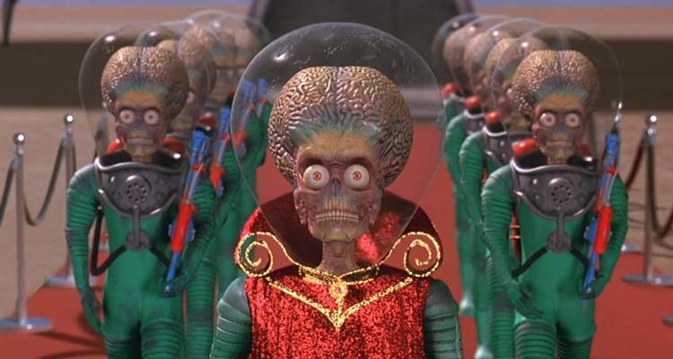 Mars Attacks 1996 Movie Scene Martians walking on the red carpet after landing on Earth