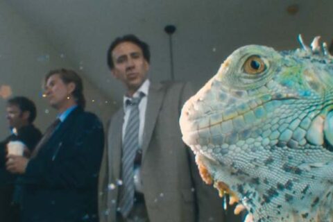 The Bad Lieutenant Port of Call New Orleans 2009 Movie Scene Nicolas Cage as Terence McDonagh hallucinating that there's an iguana in the room with him