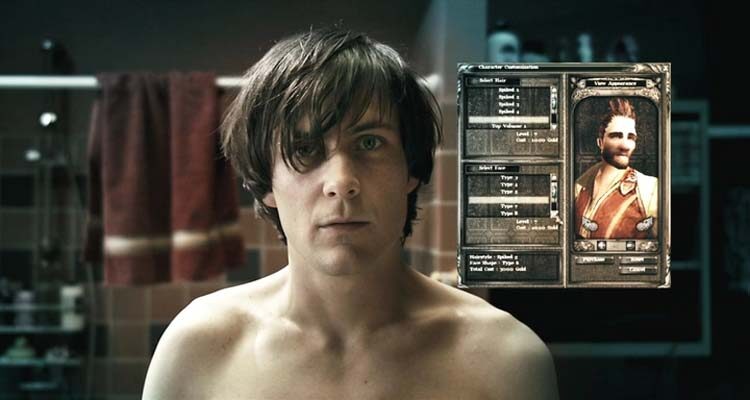 Ben X 2007 Movie Scene Greg Timmermans as Ben looking himself in the mirror and seeing the video game character sheet