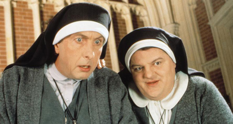 Nuns on the Run 1990 Movie Review Eric Idle and Robbie Coltrane dressed as nuns