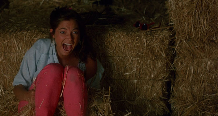 Critters 1986 Movie Scene Nadine Van der Velde as April Brown screaming in the barn as she sees the little monsters