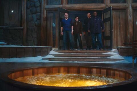Hot Tub Time Machine 2010 Movie Scene John Cusack as Adam, Rob Corddry as Lou, Craig Robinson as Nick and Clark Duke as Jacob looking at the outdoor hot tub