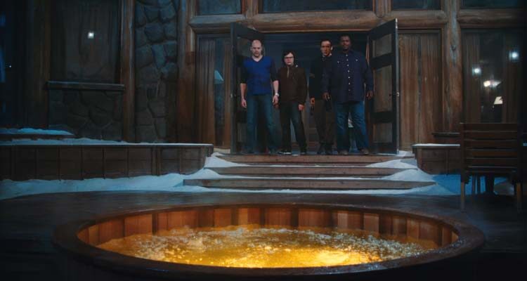 Hot Tub Time Machine 2010 Movie Scene John Cusack as Adam, Rob Corddry as Lou, Craig Robinson as Nick and Clark Duke as Jacob looking at the outdoor hot tub
