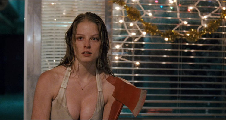 P2 2007 Movie Rachel Nichols in a white dress with big cleavage holding an axe