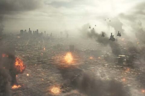 Battle Los Angeles 2011 Movie Scene Helicopters flying over Los Angeles devastated by the alien attack