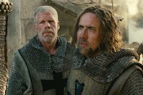 Season of the Witch 2011 Movie Scene Nicolas Cage as Behmen and Ron Perlman as Felson wearing their crusader armor and refusing to participate in any more of the killings