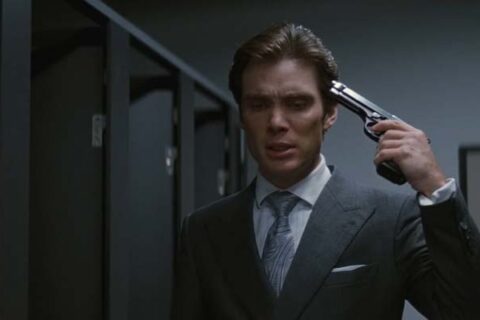 Inception 2010 Movie Scene Cillian Murphy as Robert Fischer holding a gun to his head in his dream