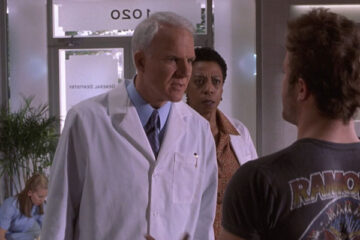 Novocaine 2001 Movie Scene Steve Martin as Frank arguing with Scott Caan as Duane in his dentists office