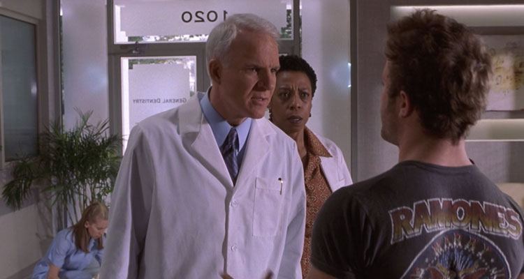 Novocaine 2001 Movie Scene Steve Martin as Frank arguing with Scott Caan as Duane in his dentists office