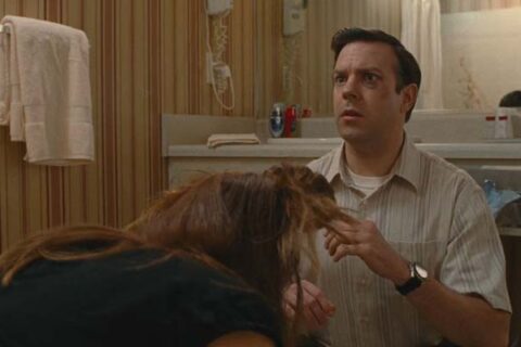 Hall Pass 2011 Movie Scene Jason Sudeikis as Fred in the toilet trying to hook up with a girl