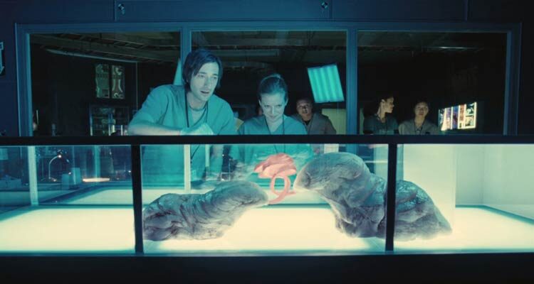 Splice 2009 Movie Scene Adrien Brody as Clive and Sarah Polley as Elsa watching two genetically created organisms interact for the first time
