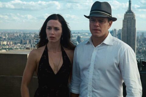 The Adjustment Bureau 2011 Movie Scene Matt Damon as David and Emily Blunt as Elise standing on top of a building