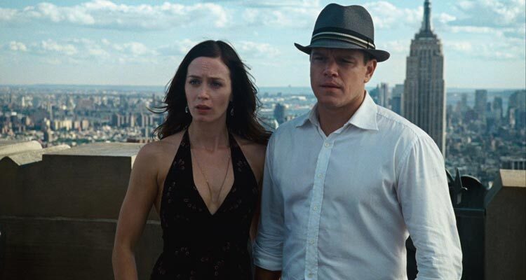 The Adjustment Bureau 2011 Movie Scene Matt Damon as David and Emily Blunt as Elise standing on top of a building