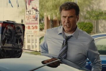 Everything Must Go 2010 Movie Scene Will Ferrell as Nick Halsey in front of a liquor store with a pack of Pabst beer on his car