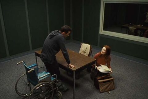 Shelter 2010 Movie Scene Jonathan Rhys Meyers as David standing up from his wheelchair to prove to Julianne Moore as Cara Harding he's now a different person