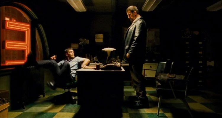 The Big Bang 2011 Movie Scene Antonio Banderas as Ned Cruz surprised to see giant Robert Maillet as Anton The Pro Protopov walk into his office
