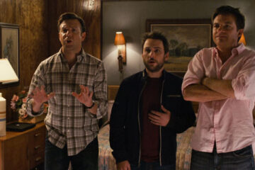 Horrible Bosses 2011 Movie Scene Jason Bateman as Nick, Charlie Day as Dale and Jason Sudeikis as Kurt trying to avoid wetwork specialist in a hotel room