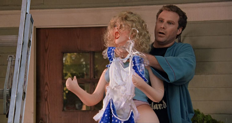 Old School 2003 Movie Scene Will Ferrell as Frank The Tank holding a sex doll