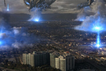 Skyline 2010 Movie Scene Alien ships emitting blasts of blue light over the city of Los Angeles