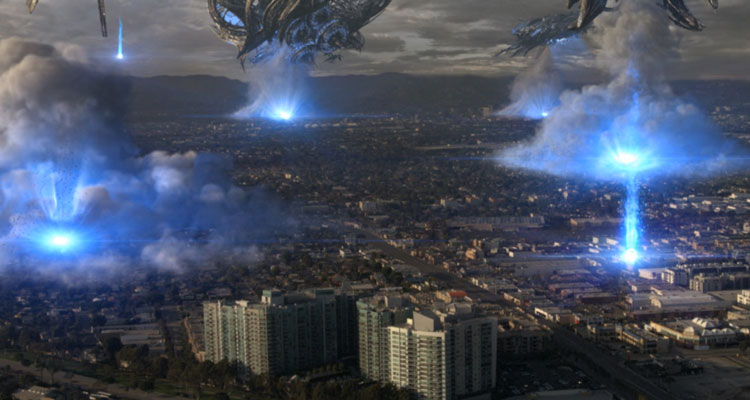 Skyline 2010 Movie Scene Alien ships emitting blasts of blue light over the city of Los Angeles