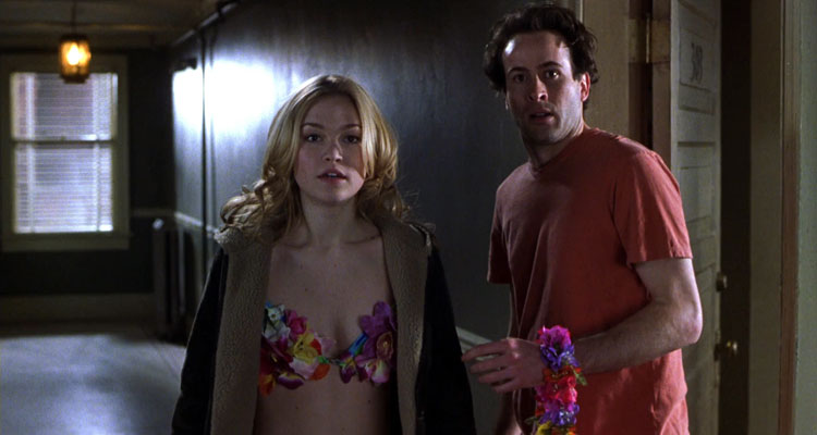 A Guy Thing 2003 Movie Scene Julia Stiles as Becky wearing a flowery bra and Jason Lee as Paul outside of his apartment