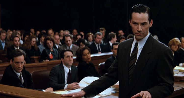 The Devils Advocate 1997 Movie Keanu Reeves as Kevin Lomax in a courtroom talking to the jury