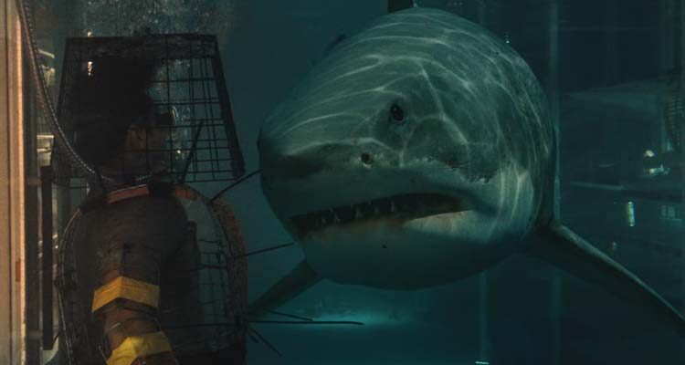 Bait 2012 Movie Scene A giant Great White Shark passing next to a man in an improvised diving suit in a supermarket