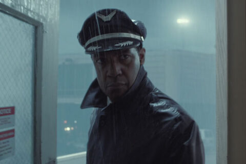 Flight 2012 Movie Scene Denzel Washington as Whip Whitaker about to fly a plane in bad weather
