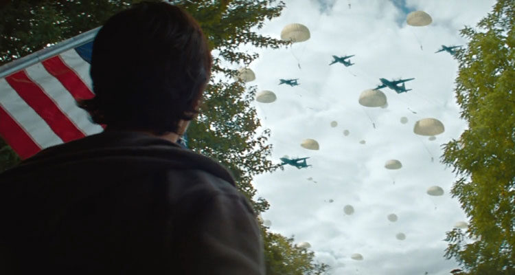Red Dawn 2012 Movie Scene North Korean soldiers parachuting from plains and attacking US citizens in a ground invasion