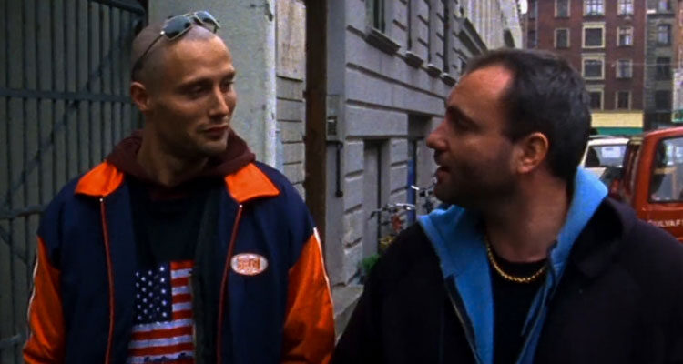 Pusher 1996 Movie Scene Kim Bodnia as Frank and Mads Mikkelsen as Tonny walking down the street after a drug deal