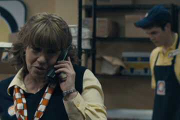 Compliance 2012 Movie Scene Ann Dowd as Sandra on the phone with a man who says he's a police officer