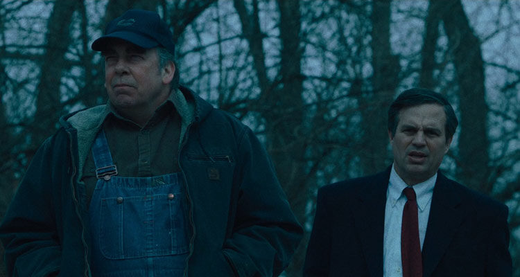 Dark Waters 2019 Mark Ruffalo as Rob Bilott and Bill Camp as Wilbur Tennant looking at poisoned lake in Parkersburg