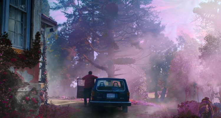 Color Out Of Space 2019 Movie Nicolas Cage as Nathan leaving car with pink mist around the house scene