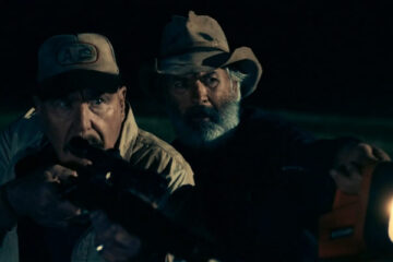 Boar 2017 Movie John Jarratt and Roger Ward with a rifle aiming at the monster boar scene
