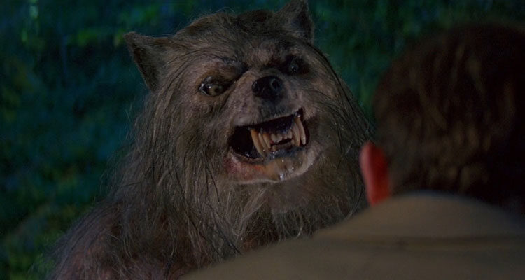 Bad Moon 1996 Movie Werewolf showing his teeth and gnarling at man