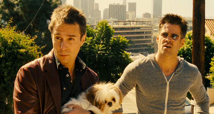 Seven Psychopaths 2012 Movie Sam Rockwell holding a small dog and Colin Farrell