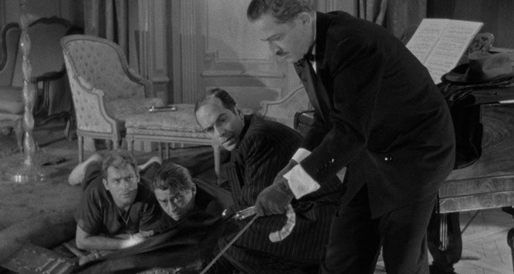 Rififi 1955 Movie Jean Servais, Carl Möhner, Robert Manuel watching Jules Dassin opening an umbrella during the heist