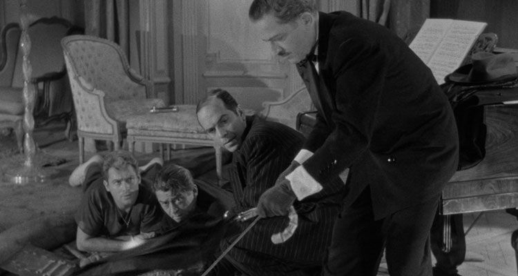 Rififi 1955 Movie Jean Servais, Carl Möhner, Robert Manuel watching Jules Dassin opening an umbrella during the heist