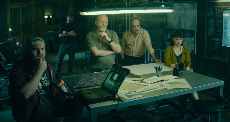 Way Down AKA The Vault 2021 Movie Liam Cunningham, Luis Tosar, Astrid Bergès-Frisbey, Axel Stein and Sam Riley in the background planning the heist
