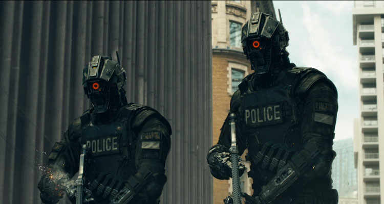 Code 8 2019 Movie Two Guardians, special police robots with their weapons drawn