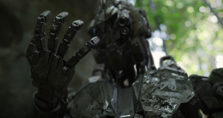 Monsters of Man 2020 Movie Killer robot BR4 looking at his hand